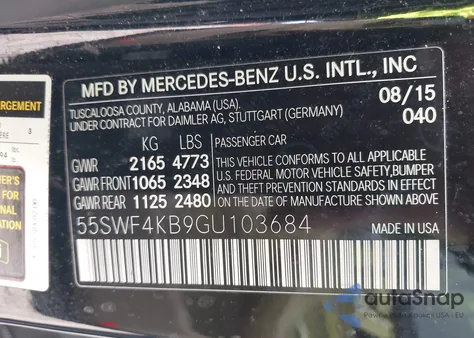 2016 Mercedes-Benz C 300 4Matic/Luxury 4Matic/Sport 4Matic z USA, uszkodzony, nr VIN 55SWF4KB9GU103684